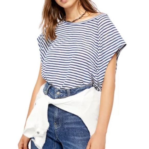 Free People We the Free Halo Cap Sleeve T-Shirt Navy White Stripe S - Picture 1 of 5